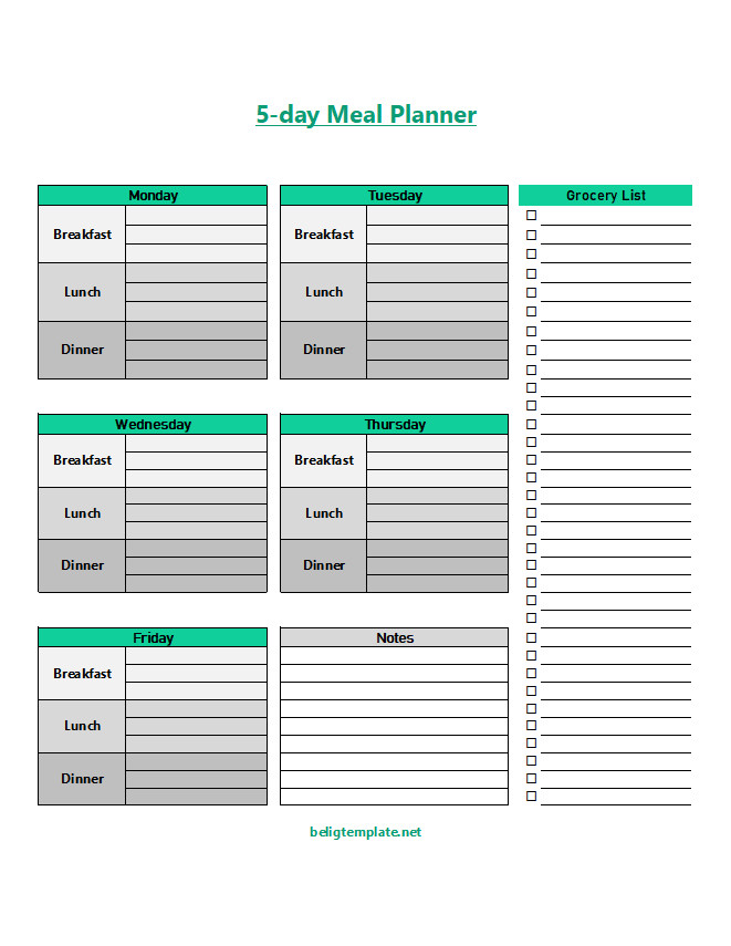 Organized a 5-day meal planner template featuring sections for breakfast, lunch, dinner, and snacks for each day of the week.