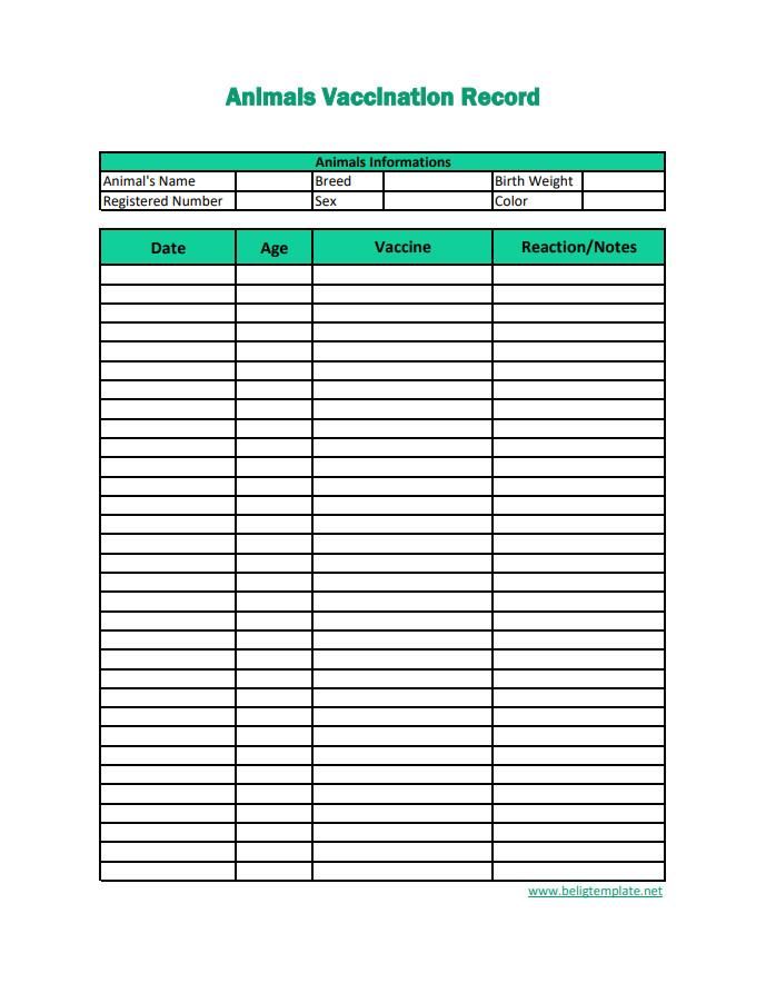 Customizable animal vaccination record template for tracking pet immunizations and vet visits.