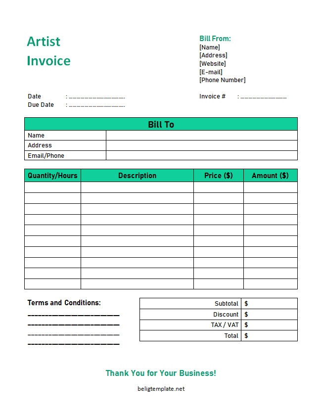 Detailed artist invoice template with fields for invoice number, date, itemized list of art services or pieces, rates, and payment terms.