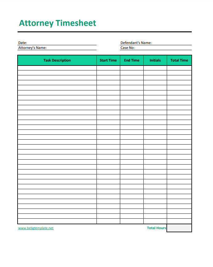 Professional timesheet template for attorneys featuring clear sections for recording hours and activities.