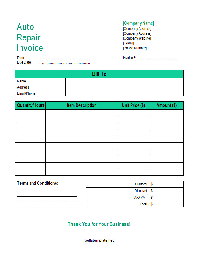 Professional auto repair invoice template featuring sections for customer details, vehicle information, repair descriptions, and total charges.