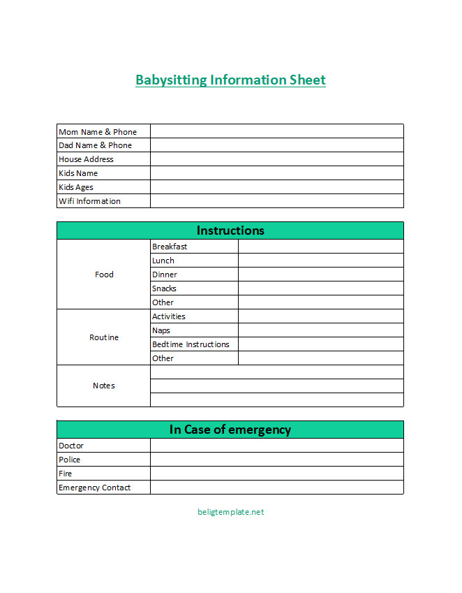 Comprehensive babysitting information sheet template featuring sections for child’s name, emergency contact numbers, allergies, medication instructions, and bedtime routine.