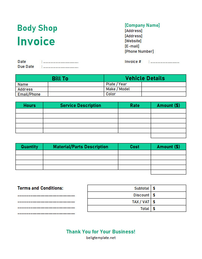 Professional body shop invoice template featuring sections for customer details, vehicle information, repair descriptions, parts used, and total charges.