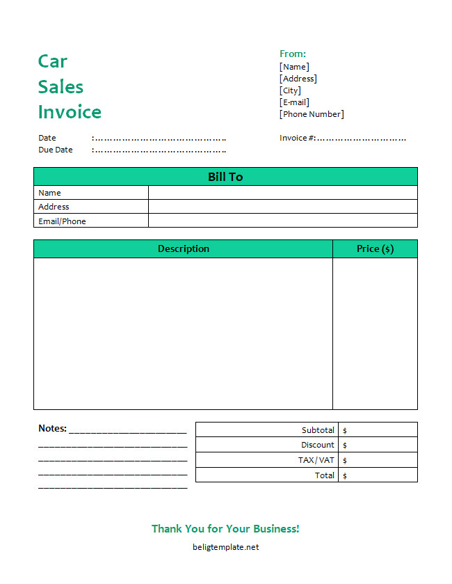 Professional car sales invoice template featuring sections for buyer and seller information, vehicle details, sale price, taxes, and total amount due.