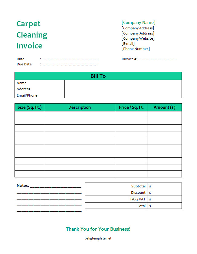 Professional carpet cleaning invoice template featuring sections for client information, service date, itemized cleaning services, rates, and total charges.