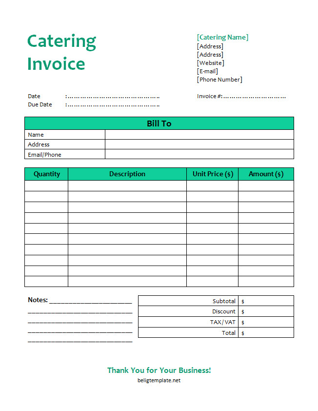 Professional catering service invoice template featuring sections for client details, event date, itemized list of catering services, and total charges.