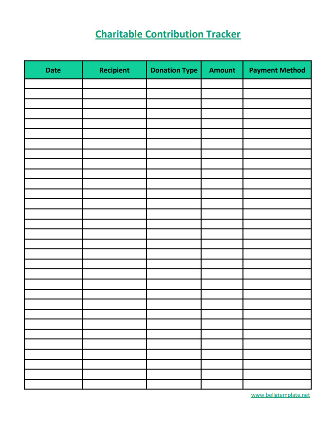 Professional contribution tracker template featuring sections for donor information, donation dates, and amounts.