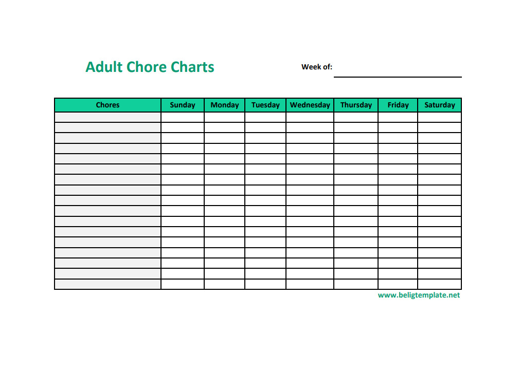 Customizable chore chart template for adults to track household chores and responsibilities.