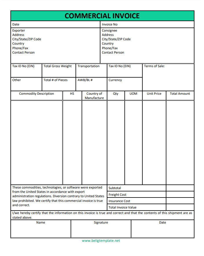 Professional commercial invoice template with clear fields for shipping information, itemized costs, and invoice number