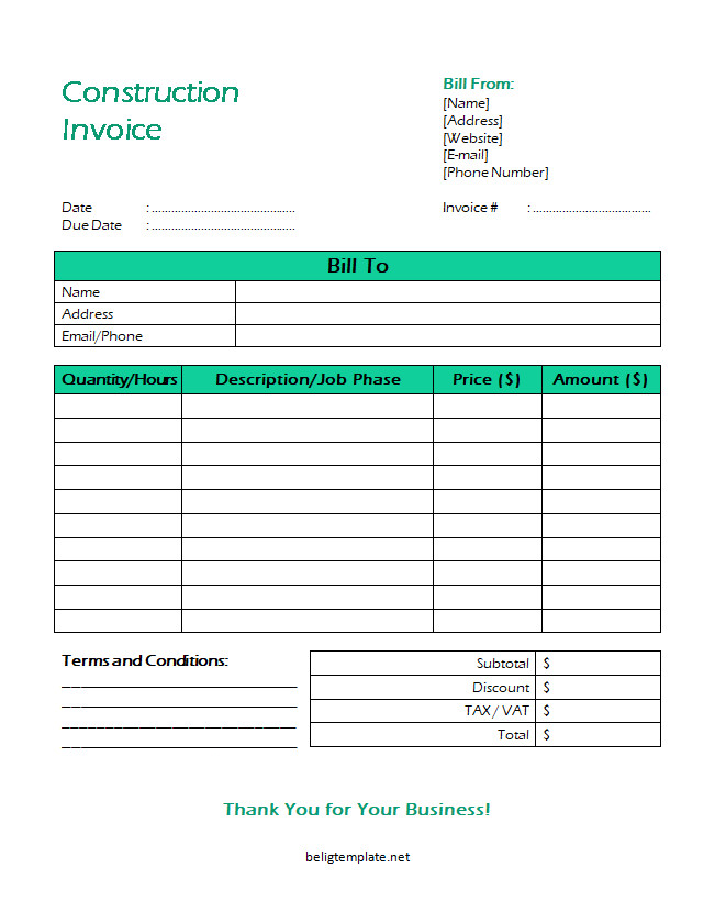 Professional construction invoice template featuring sections for client information, project details, itemized list of services and materials, rates, and total charges.