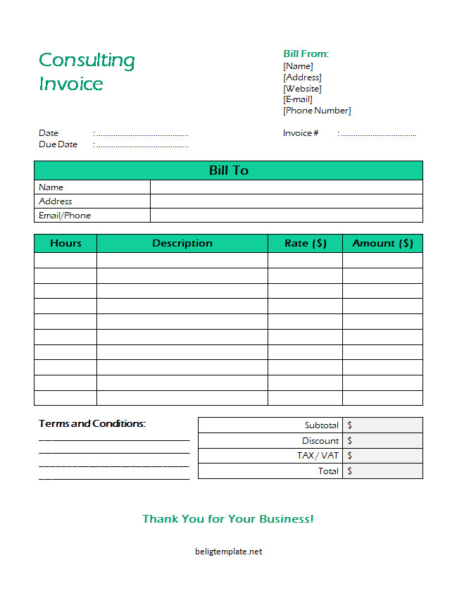 Professional consulting invoice template featuring sections for client information, consulting services provided, hourly rates, and total charges.