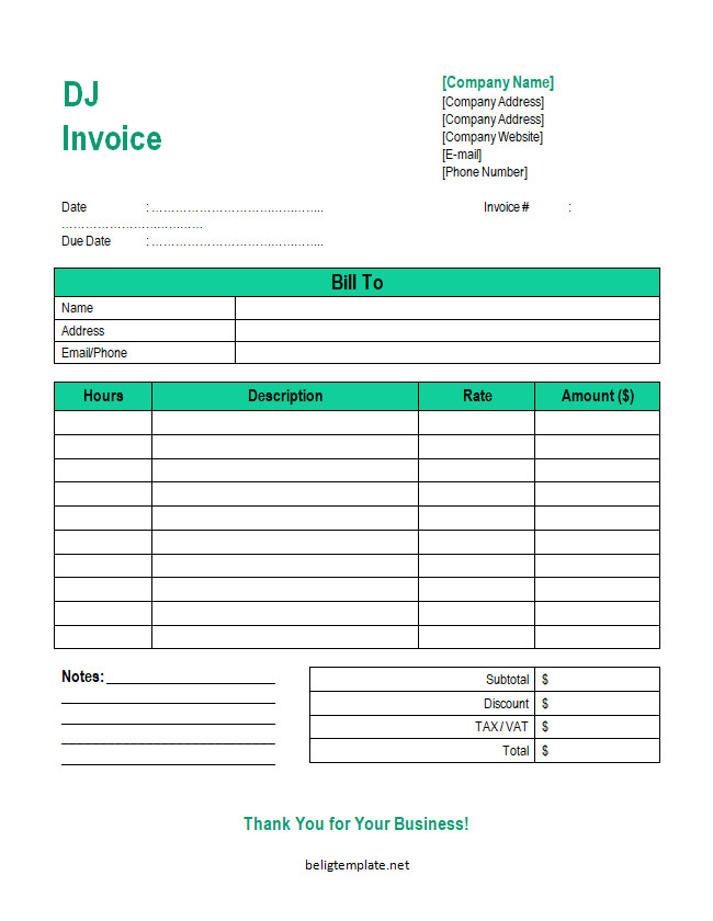 Professional DJ invoice template featuring sections for client information, event details, services provided, and total charges.