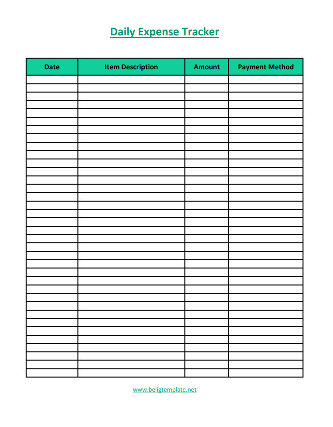 Customizable daily expense tracker template for monitoring daily expenses and budgeting.