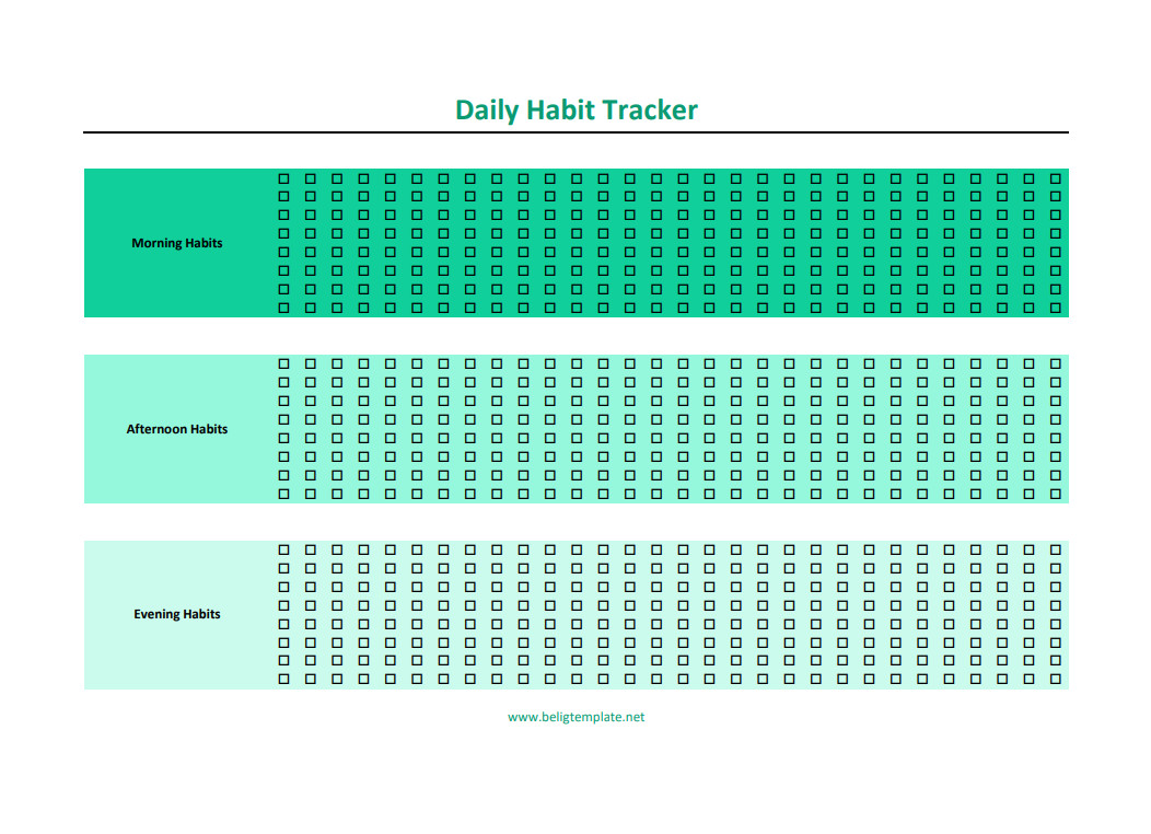 Daily habit tracker template displaying habits to track and checkboxes for each day of the week