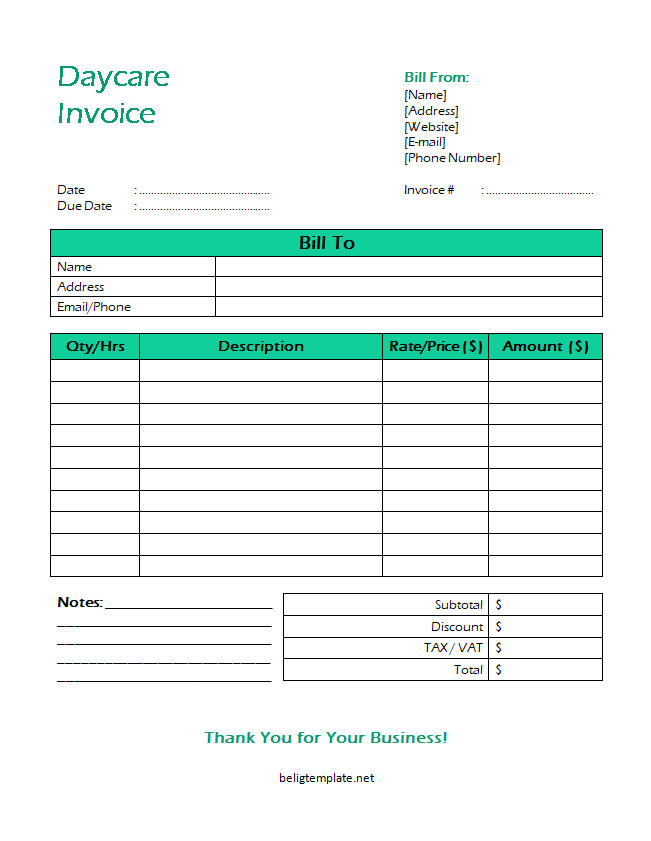 Organized daycare invoice template showcasing daycare center contact details, breakdown of services provided, additional fees, and total amount due.