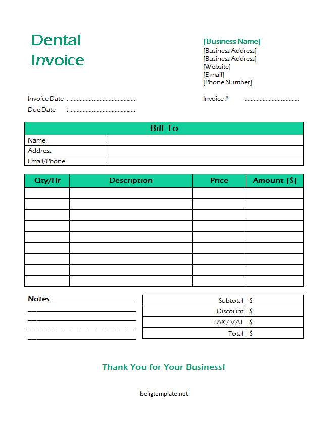 Professional dental invoice template featuring sections for patient details, procedure descriptions, dates of service, fees, and total charges.