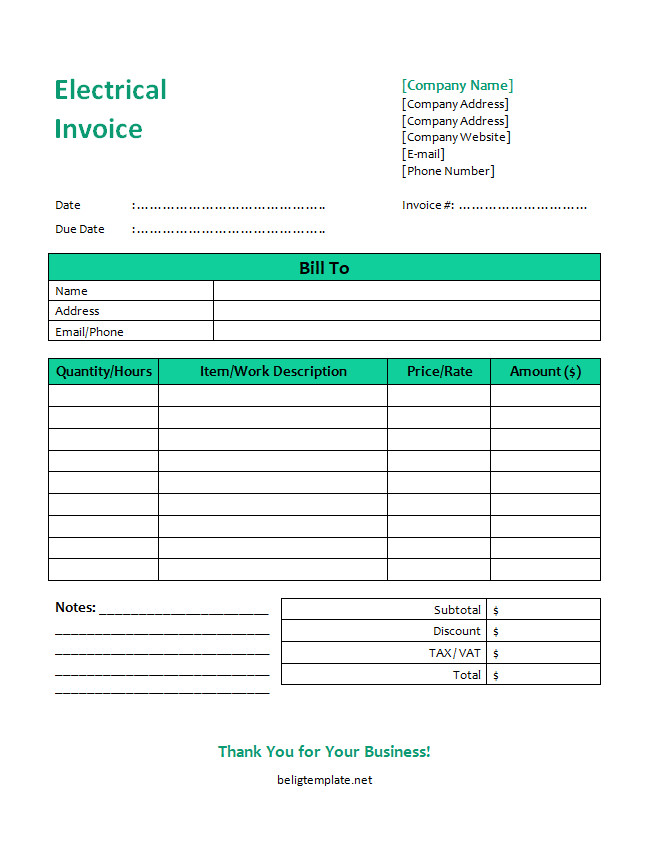 Professional electrical work invoice template with sections for client details, service description, hours worked, materials used, and total charges.