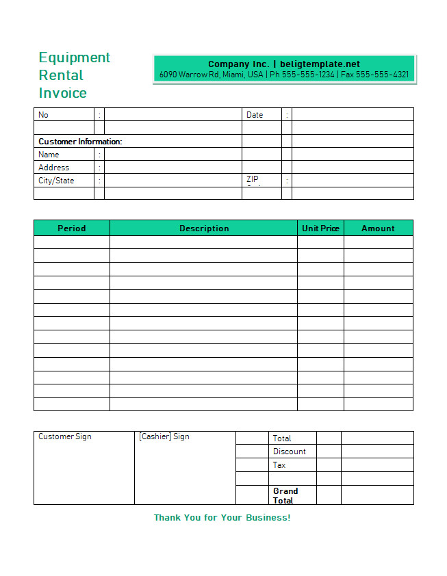 Professional equipment rental invoice template displaying equipment descriptions, rental duration, per-day rates, and overall invoice amount.