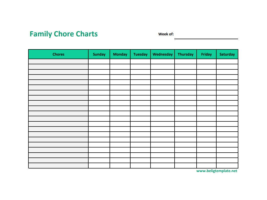 Customizable family chore chart template for organizing household responsibilities among family members.