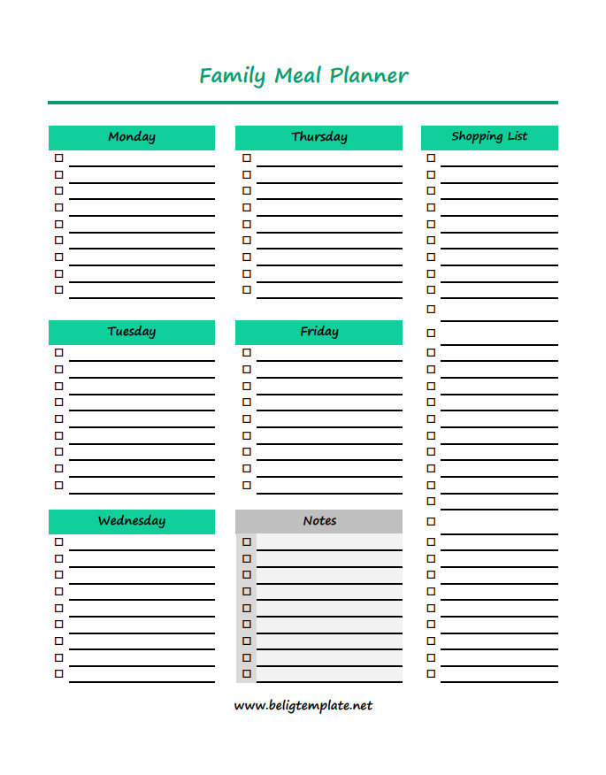 Customizable family meal planner template for organizing meals and grocery lists.