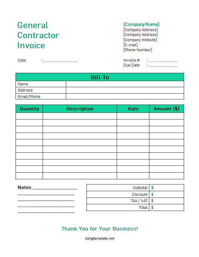 Professional general contractor invoice template with sections for client information, project description, itemized labor costs, material expenses, and total amount due.