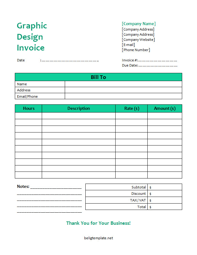 Modern graphic design invoice template showcasing sections for client details, project description, hourly rates, and total charges.