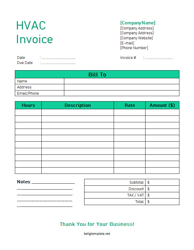 Professional HVAC invoice template with sections for client information, service details, parts used, labor charges, and total amount due.