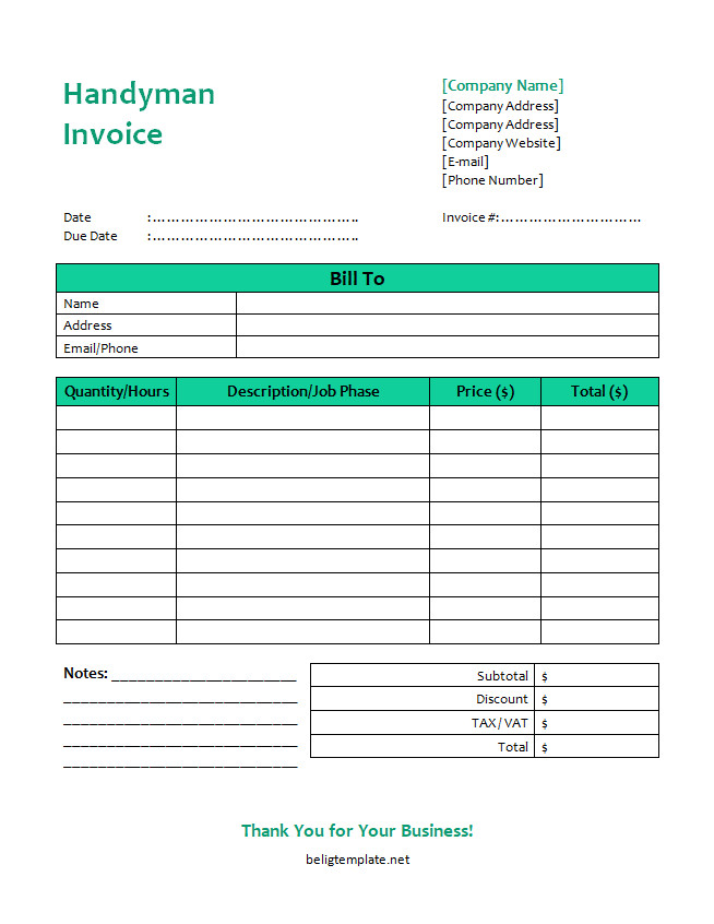 Professional handyman invoice template with sections for service details, labor hours, materials used, and total charges.