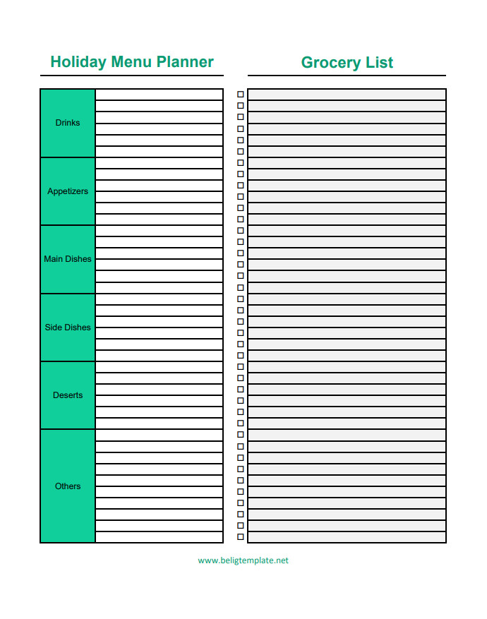 Customizable holiday menu planner template for organizing festive meals and grocery shopping lists.