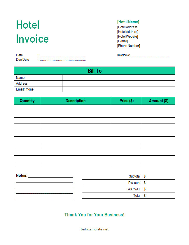 Organized hotel invoice template showcasing hotel's contact details, itemized charges for accommodation and amenities, taxes, and final balance.