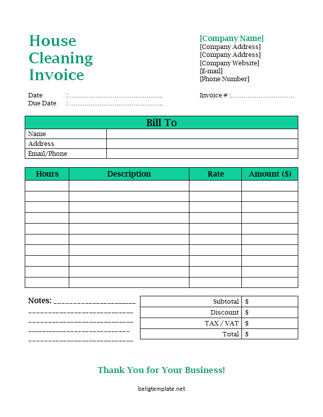 Professional house cleaning invoice template with sections for client information, cleaning services provided, hours worked, and total charges.