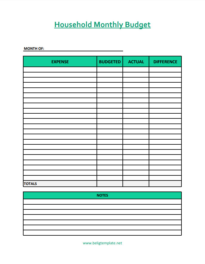 Customizable household monthly budget template for organizing and tracking family finances.