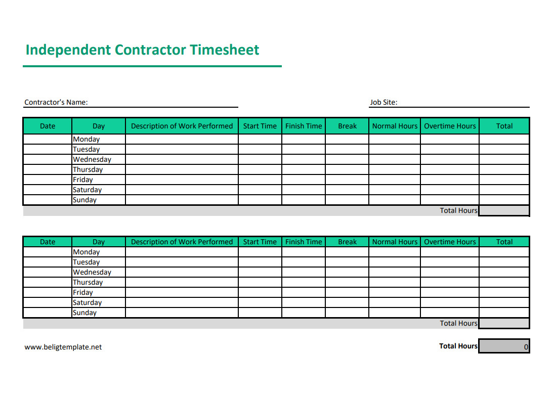 Professional timesheet template for independent contractors featuring sections for client information, tasks, and total hours.