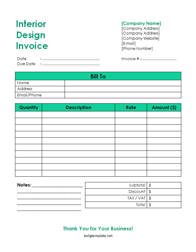 A professional interior design invoice template featuring sections for client details, project description, design services provided, and total charges.