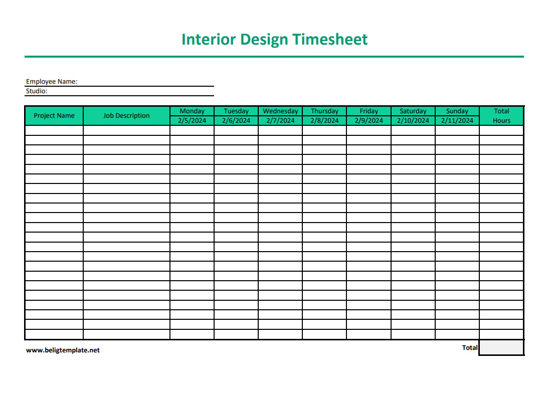 Professional timesheet template for interior designers with fields for client information, work descriptions, and total hours.