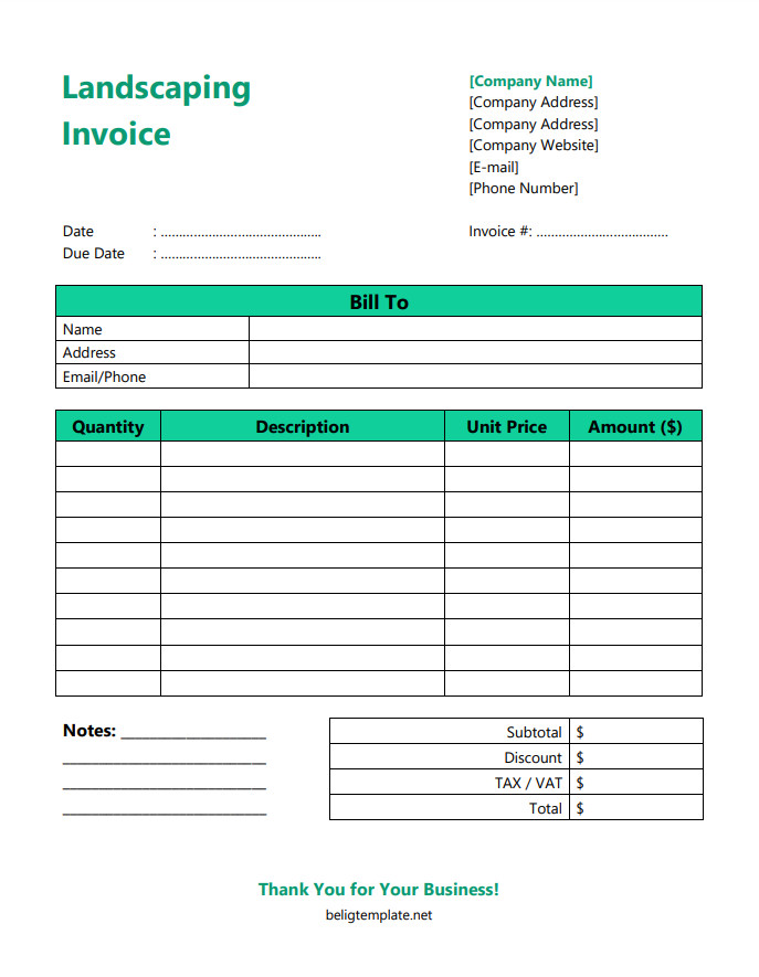 Professional landscaping invoice template featuring itemized charges for lawn care, gardening, and other landscaping services, with payment terms.