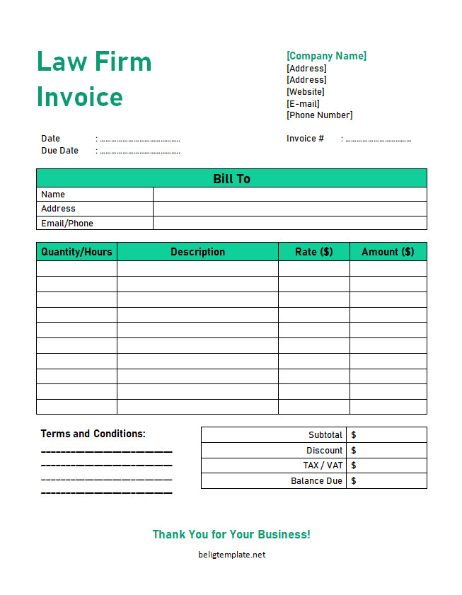 Professional law firm invoice template featuring sections for client details, case description, billable hours, hourly rates, and total charges.