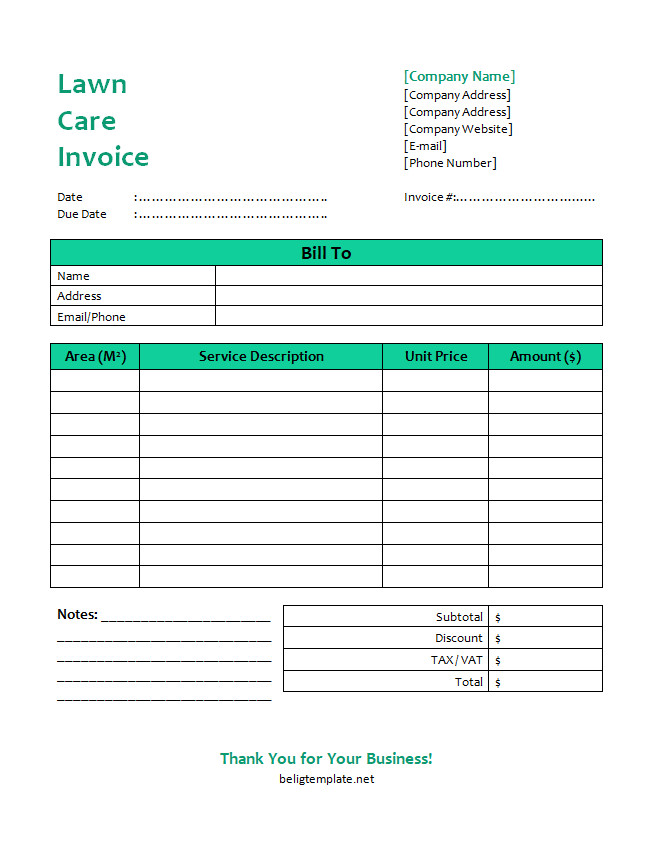 A professional lawn care invoice template with sections for customer details, services rendered (such as mowing, trimming, and fertilizing), costs, and total amount due.