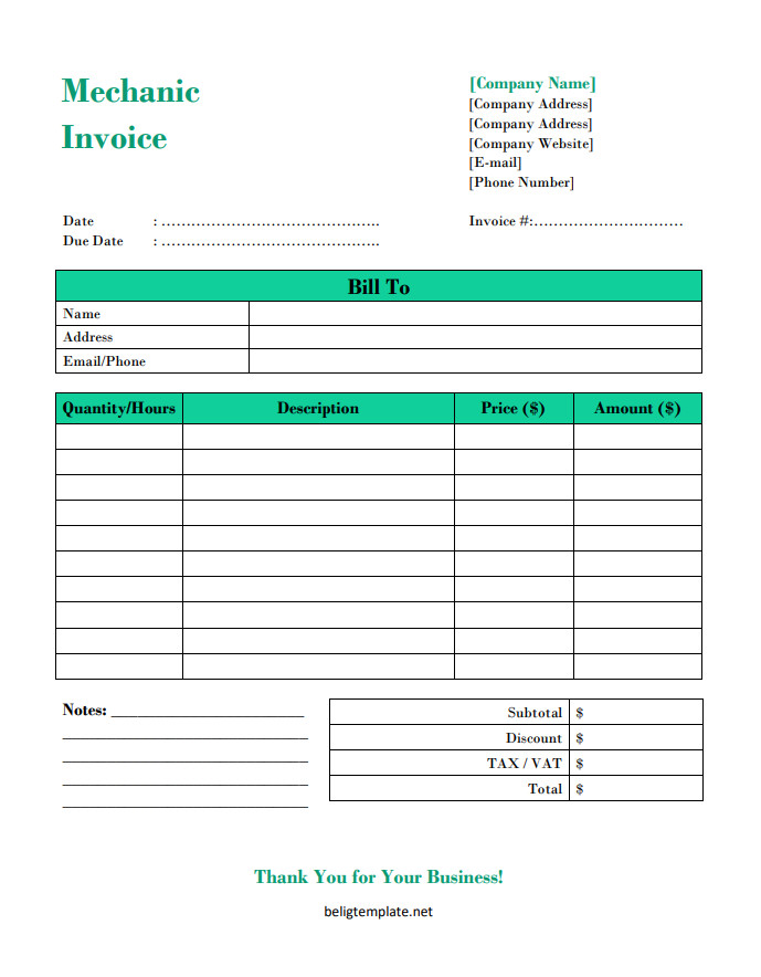 Detailed mechanic invoice template displaying repair descriptions, labor hours, parts prices, service dates, and overall invoice amount.