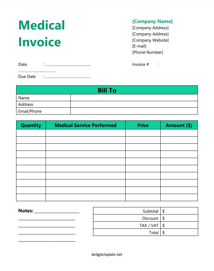 A professional medical invoice template with sections for patient details, medical services provided, itemized charges, and total amount due.