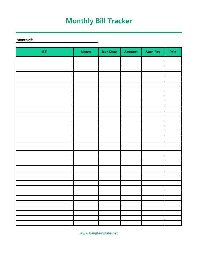 Monthly bill tracker template featuring sections for bill names, due dates, and amounts paid.