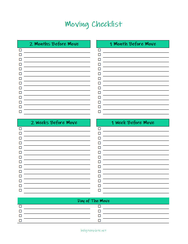 Comprehensive moving checklist template featuring sections for pre-move preparations, packing tasks, utilities setup, and moving day essentials.