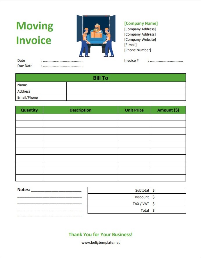 Sample Printable Blank Moving Company Invoice Template in Word and PDF Format.