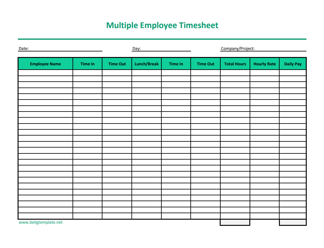 Customizable multiple-employee timesheet template for tracking work hours, overtime, and attendance for several employees.