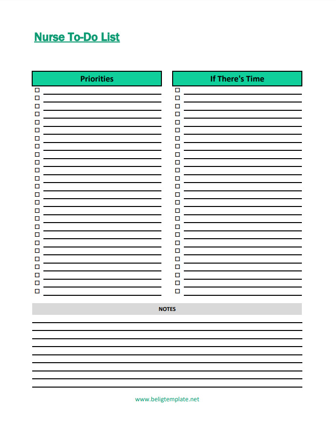 Nurse to-do list template featuring sections for patient care tasks, medication schedules, and shift notes.