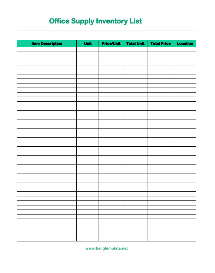 Professional office supply inventory list template with clear fields for item descriptions, current stock, and supplier information.