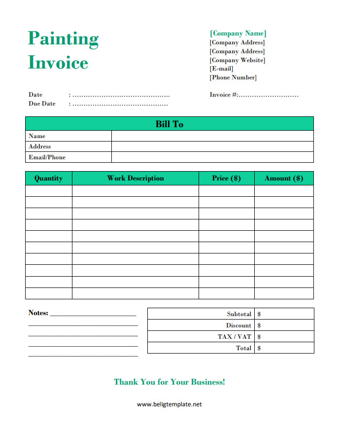 Professional painting invoice template with sections for client information, detailed descriptions of painting services, and total costs.