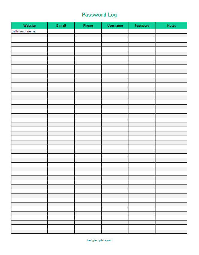 Simple password log template featuring sections for website names, usernames, passwords, and additional notes for each account.