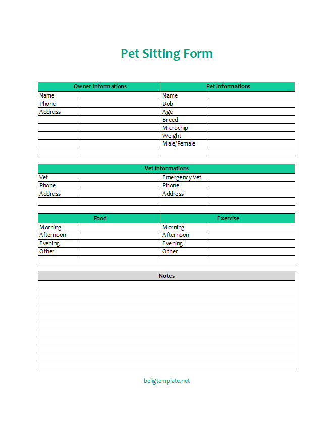 Pet-Sitting Form Template with fields for pet owner information, pet details, and instructions