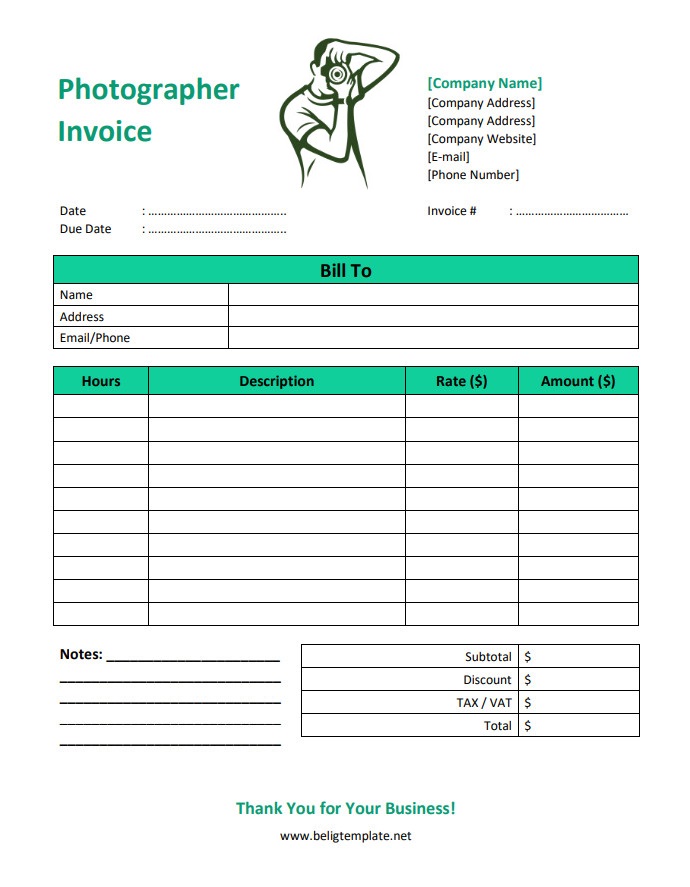 Sample Printable Blank Photographer Invoice Template in Word and PDF Format.